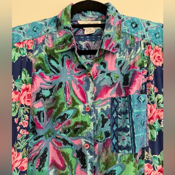 Vintage 80s/90s Together! Blue Floral Patchwork Rayon Maxi Shirt Dress Sz M - Picture 4 of 6